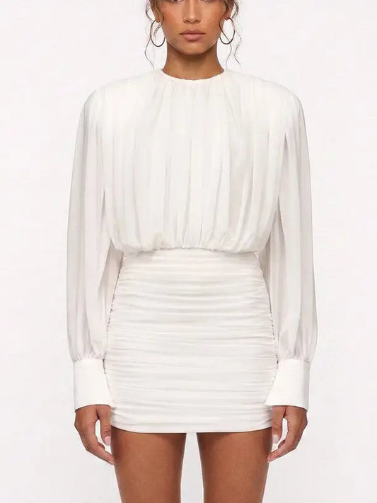 Draped White Long Sleeve Ruched Mini Dress - Small - Dresses