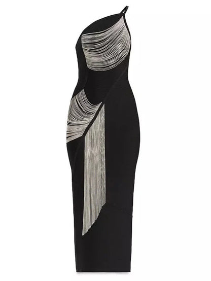 Draped Chain One-Shoulder Black Dress - Dresses
