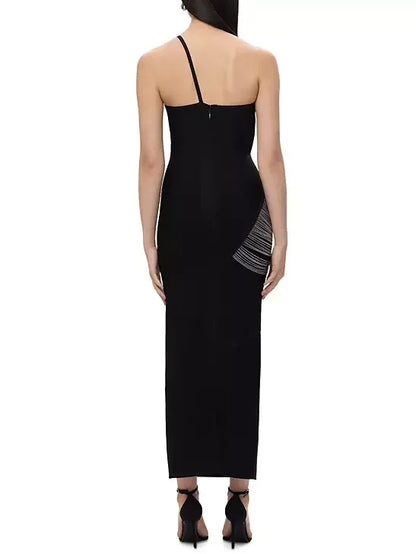 Draped Chain One-Shoulder Black Dress - Dresses