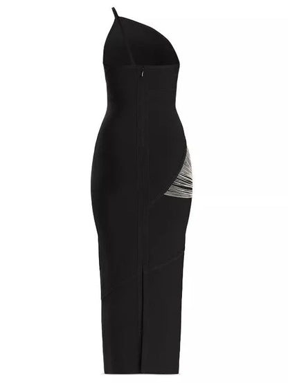 Draped Chain One-Shoulder Black Dress - Dresses