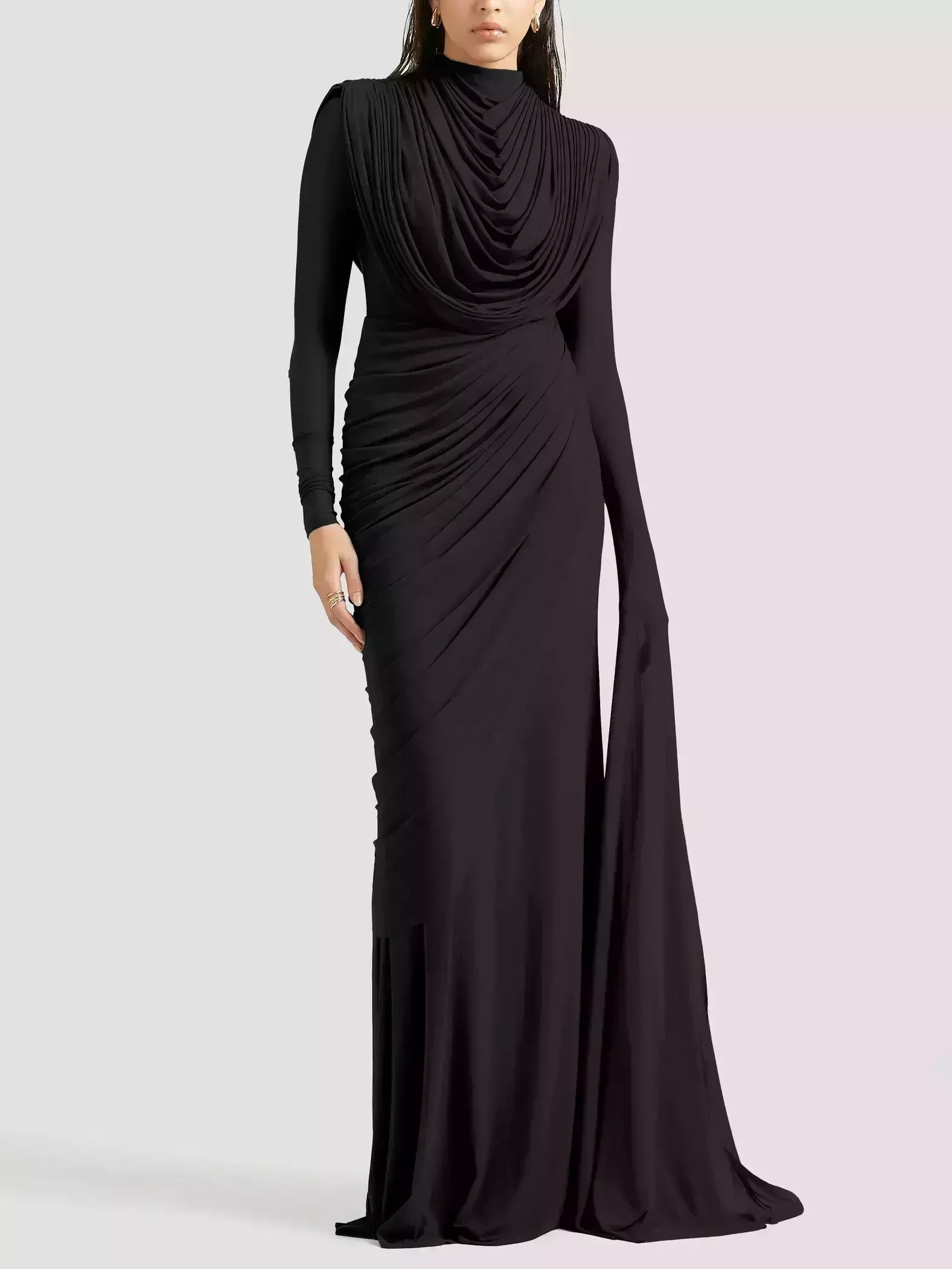 Draped Cowl-Neck Long Gown in Mocha Brown - XS / Black - Dresses