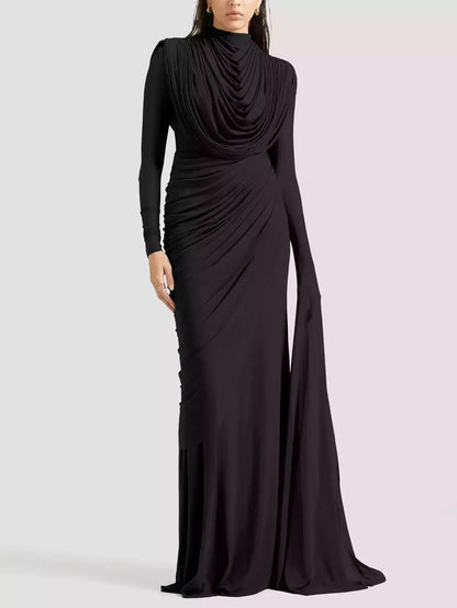 Draped Cowl-Neck Long Gown in Mocha Brown - XS / Black - Dresses