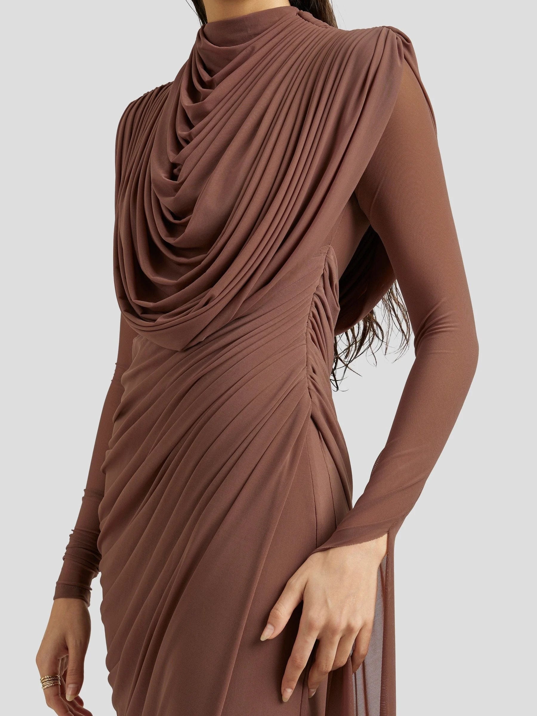 Draped Cowl-Neck Long Gown in Mocha Brown - Dresses