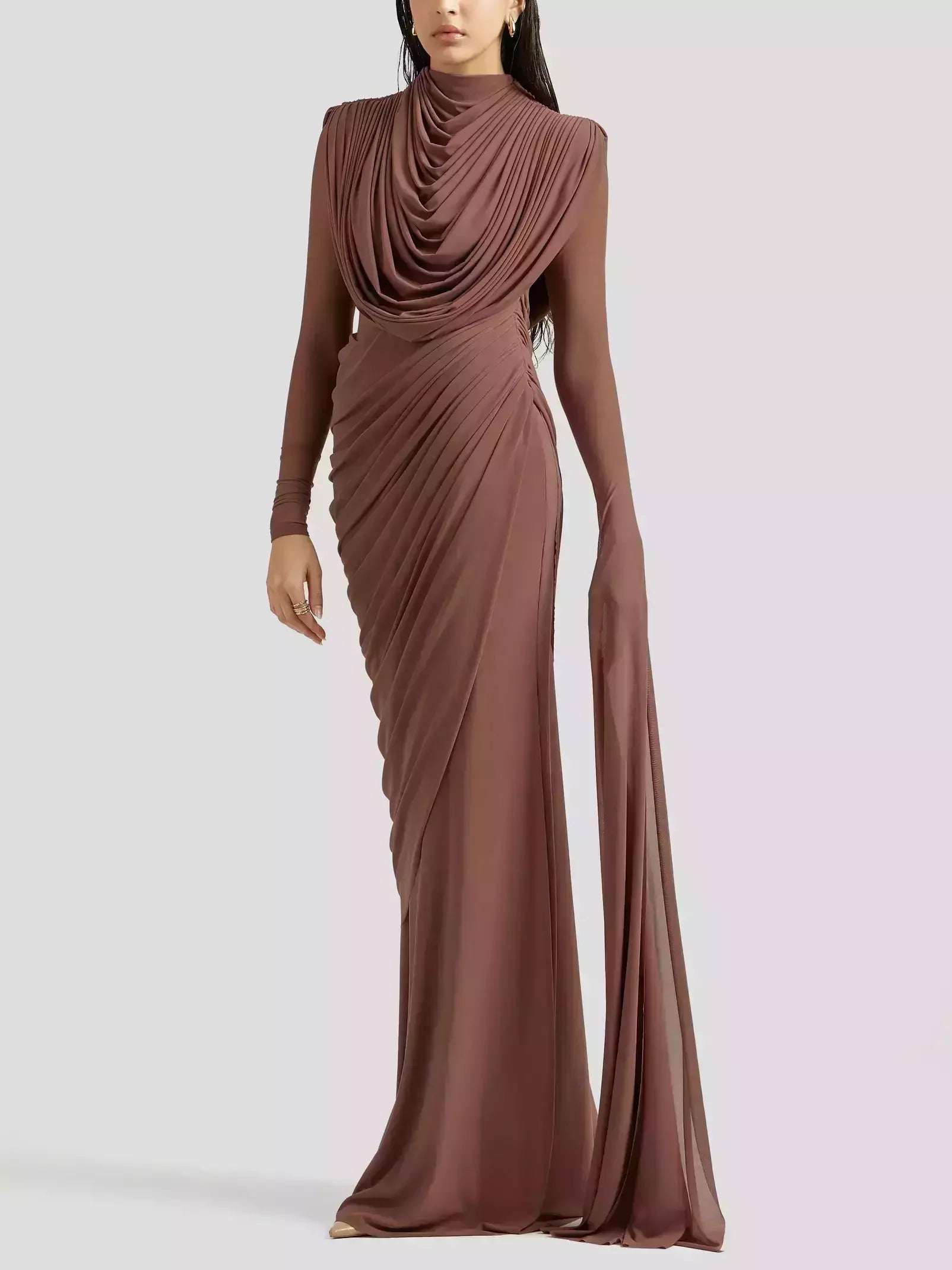 Draped Cowl-Neck Long Gown in Mocha Brown - Dresses