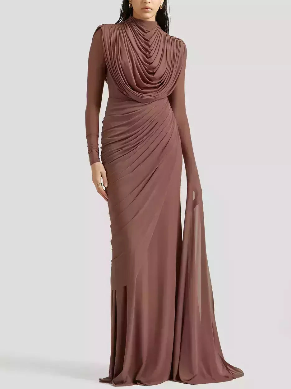 Draped Cowl-Neck Long Gown in Mocha Brown - Dresses