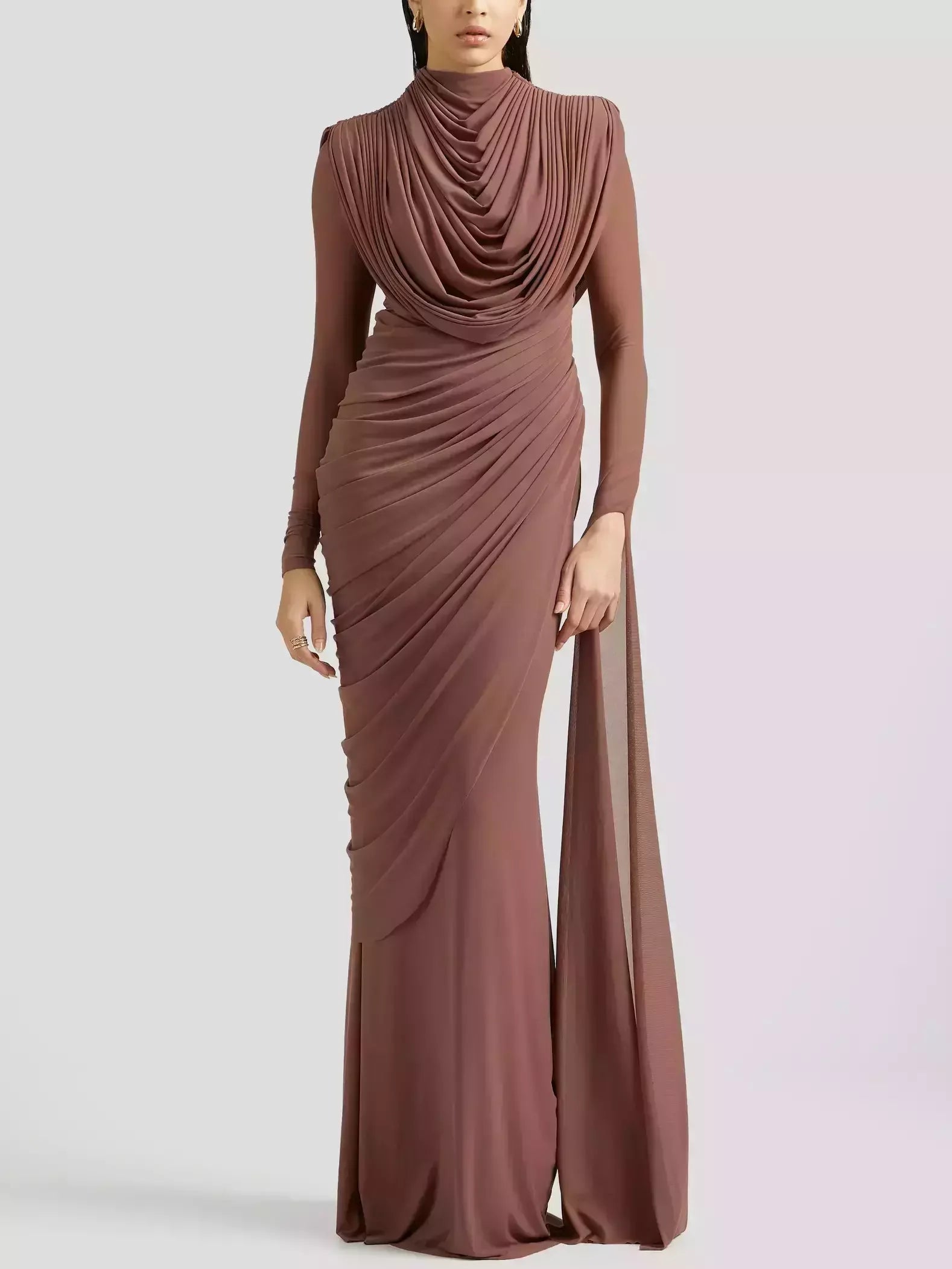 Draped Cowl-Neck Long Gown in Mocha Brown - Dresses