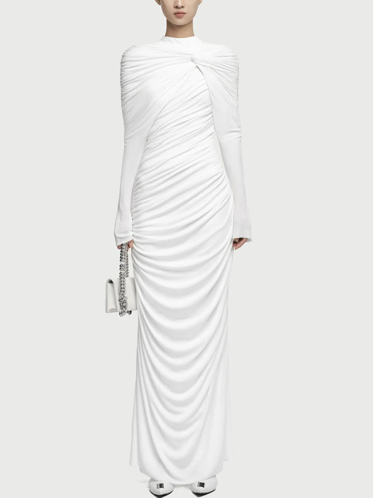 Draped Jersey Long-Sleeve Knotted Maxi Dress - S / White - Dresses