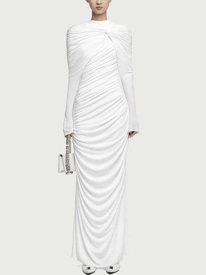Draped Jersey Long-Sleeve Knotted Maxi Dress - S / White - Dresses