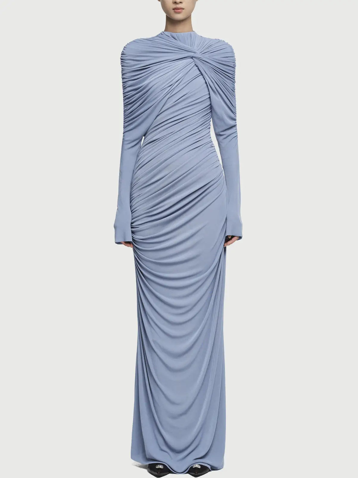 Draped Jersey Long-Sleeve Knotted Maxi Dress - S / Light Blue - Dresses