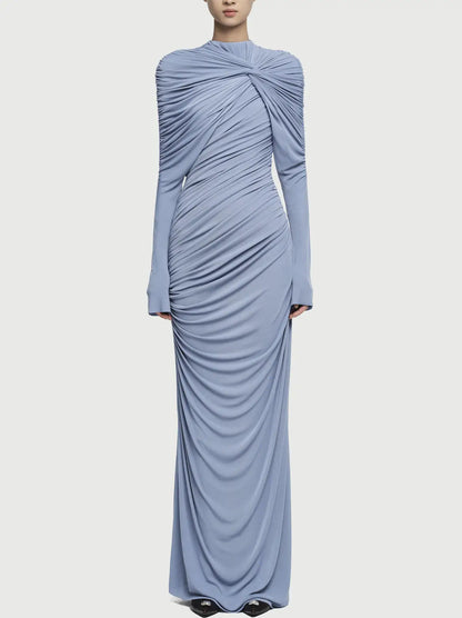 Draped Jersey Long-Sleeve Knotted Maxi Dress - S / Light Blue - Dresses