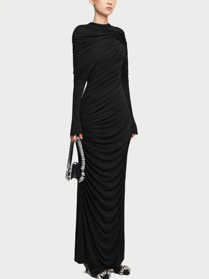 Draped Jersey Long-Sleeve Knotted Maxi Dress - Dresses