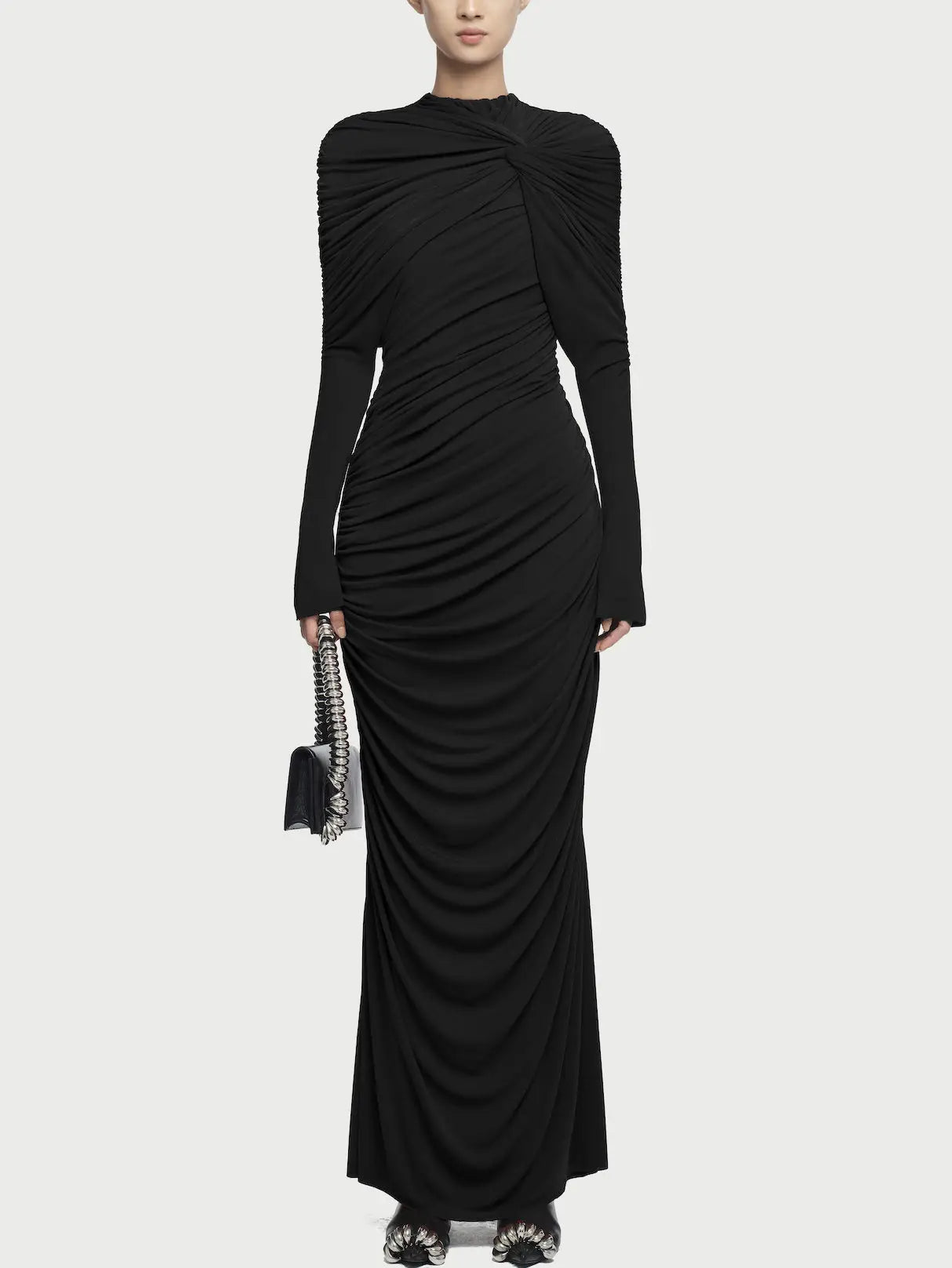 Draped Jersey Long-Sleeve Knotted Maxi Dress - S / Black - Dresses