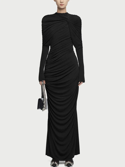 Draped Jersey Long-Sleeve Knotted Maxi Dress - S / Black - Dresses