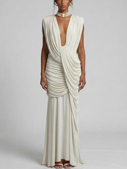 Draped Jersey Maxi Dress with Plunging Neckline - S / White - Dresses