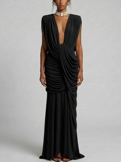 Draped Jersey Maxi Dress with Plunging Neckline - S / Black - Dresses