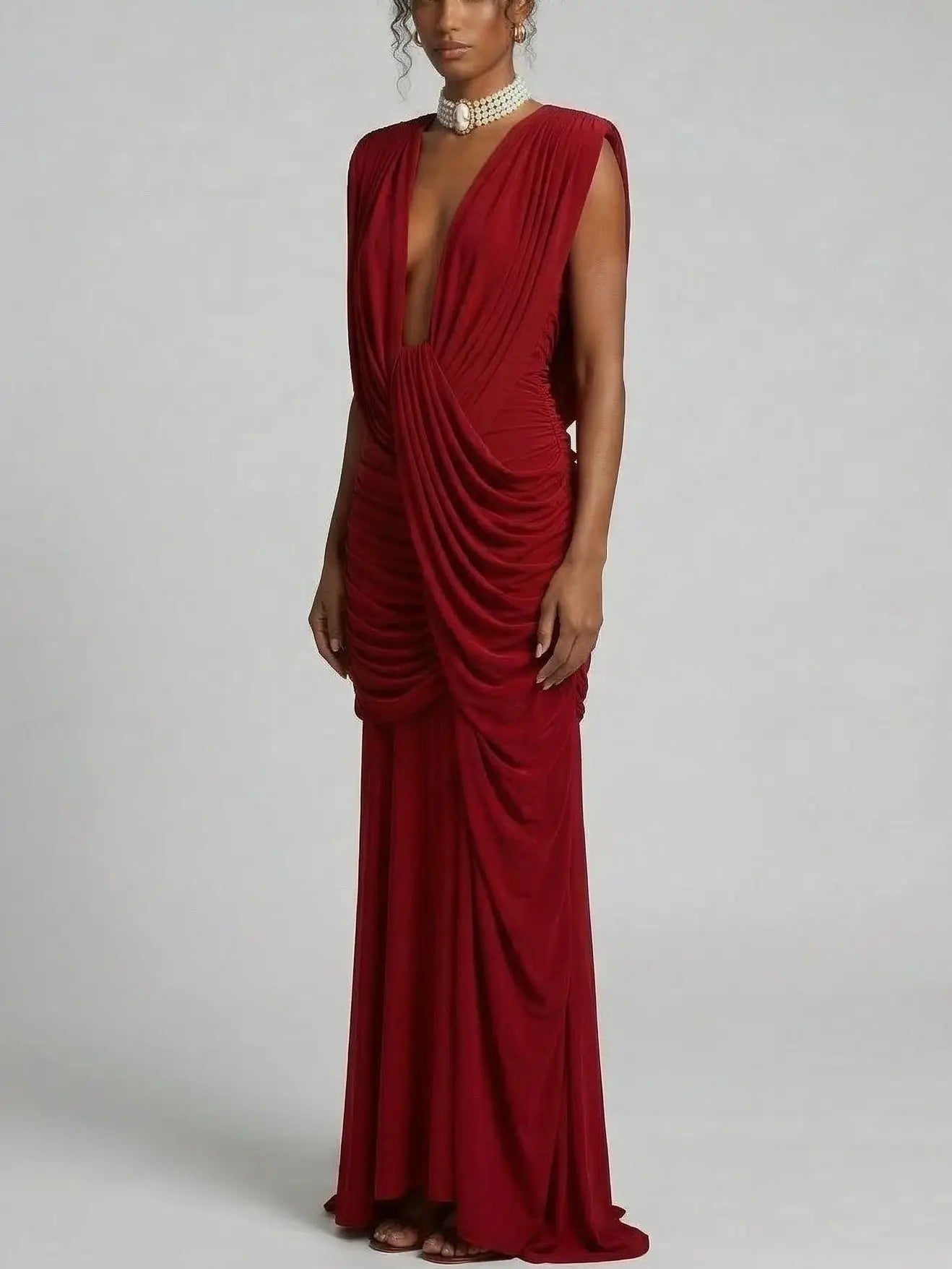 Draped Jersey Maxi Dress with Plunging Neckline - Dresses
