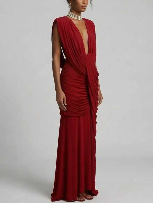 Draped Jersey Maxi Dress with Plunging Neckline - Dresses