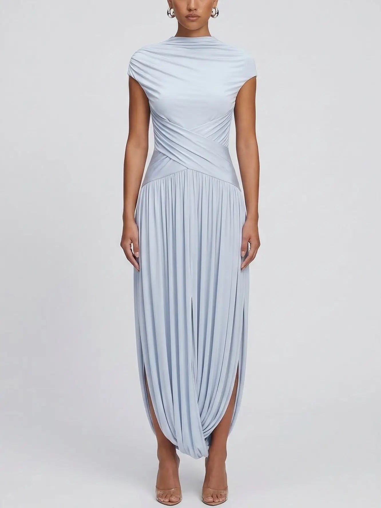 Draped Jersey Midi Dress in Powder Blue – Branna Couture