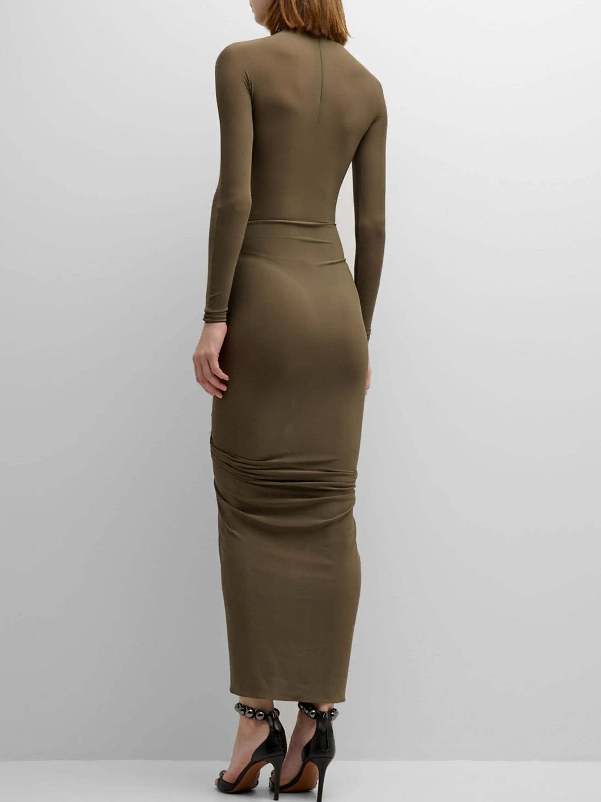 Draped Jersey Stretch Long-Sleeve Midi Dress - Dresses