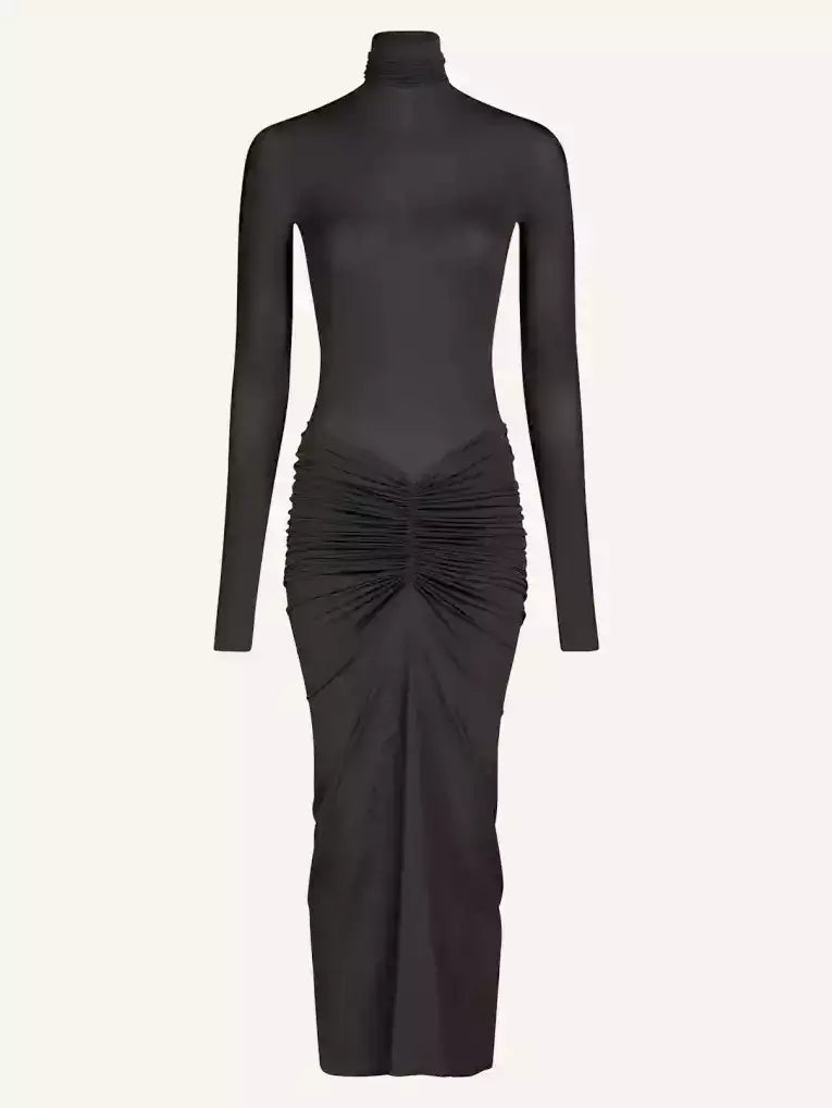 Draped Jersey Stretch Long-Sleeve Midi Dress - Small / Grey - Dresses