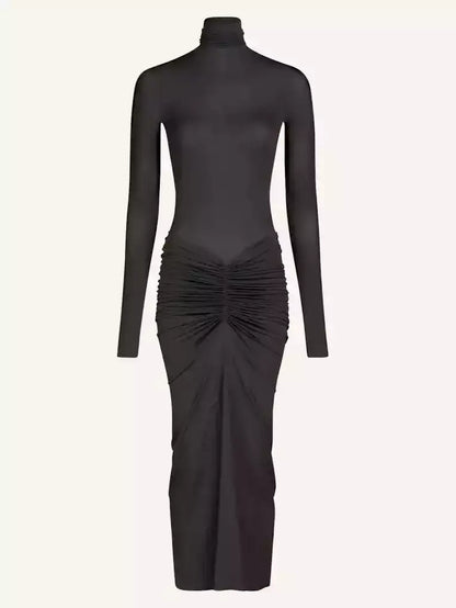 Draped Jersey Stretch Long-Sleeve Midi Dress - Small / Grey - Dresses