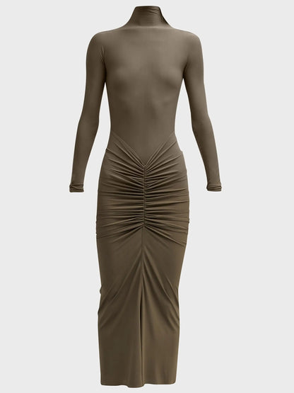 Draped Jersey Stretch Long-Sleeve Midi Dress - Dresses