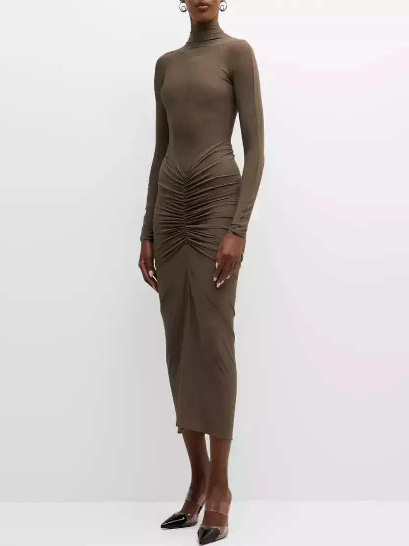 Draped Jersey Stretch Long-Sleeve Midi Dress - Dresses