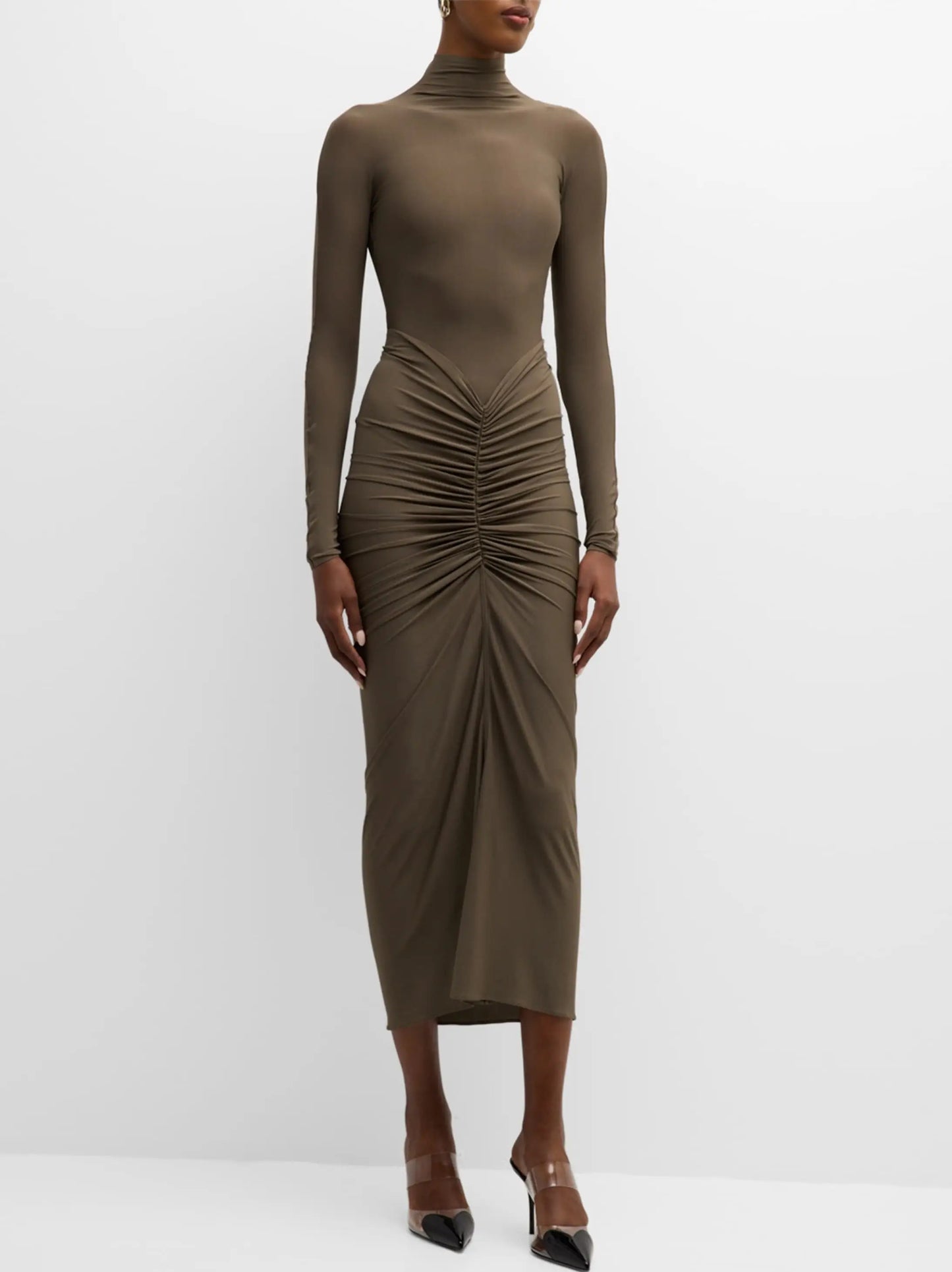 Draped Jersey Stretch Long-Sleeve Midi Dress - Dresses