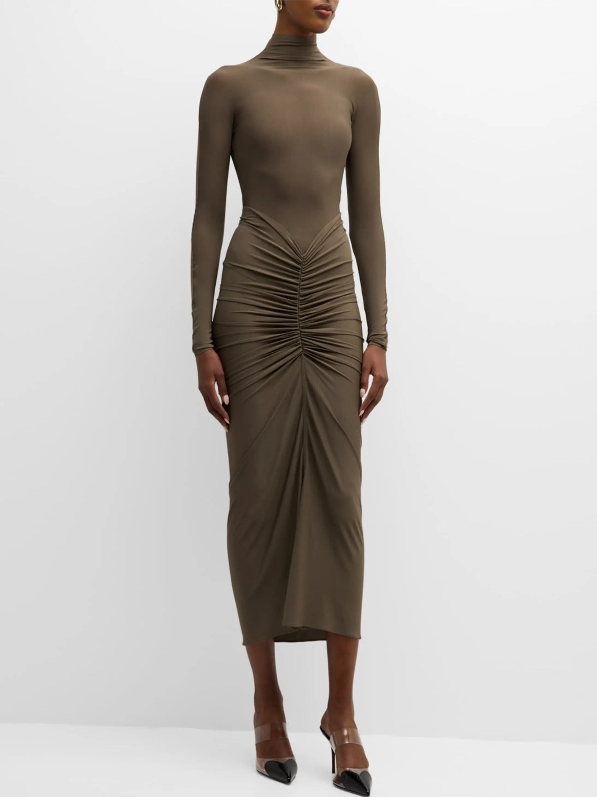 Draped Jersey Stretch Long-Sleeve Midi Dress - Dresses