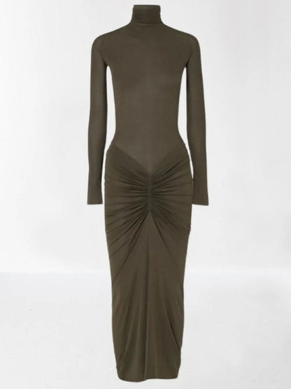 Draped Jersey Stretch Long-Sleeve Midi Dress - Dresses