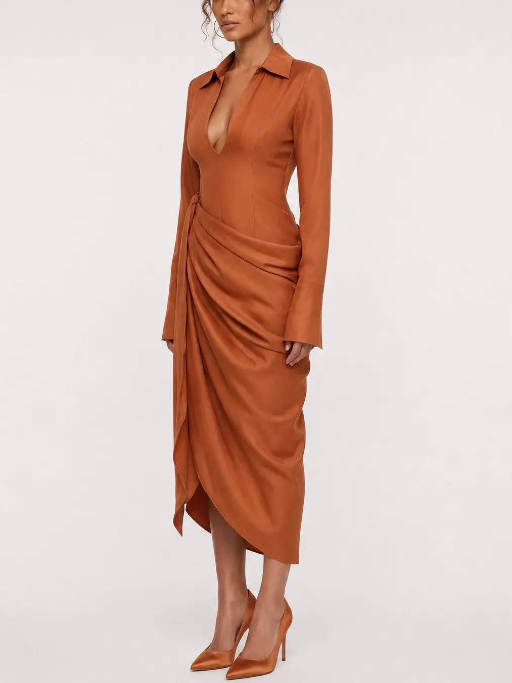 Draped Long Sleeve Collared Midi Dress - Dresses