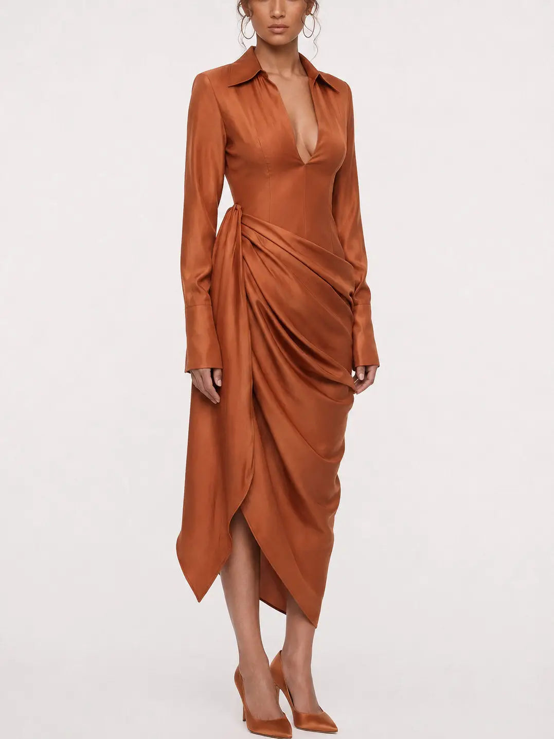 Draped Long Sleeve Collared Midi Dress - Dresses