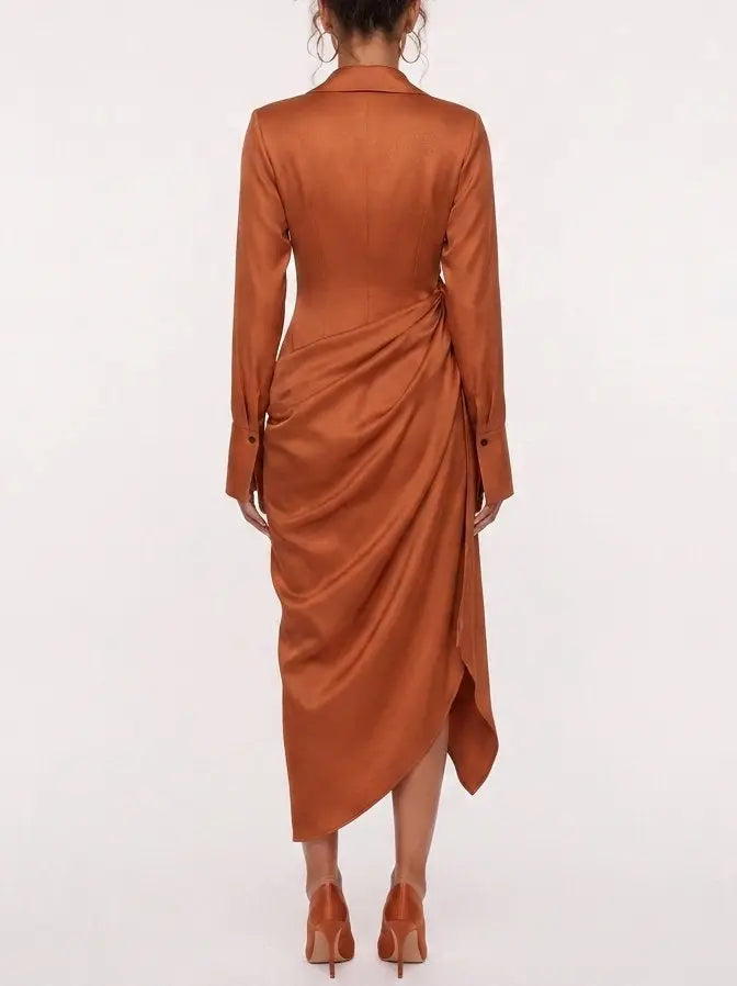 Draped Long Sleeve Collared Midi Dress - Dresses