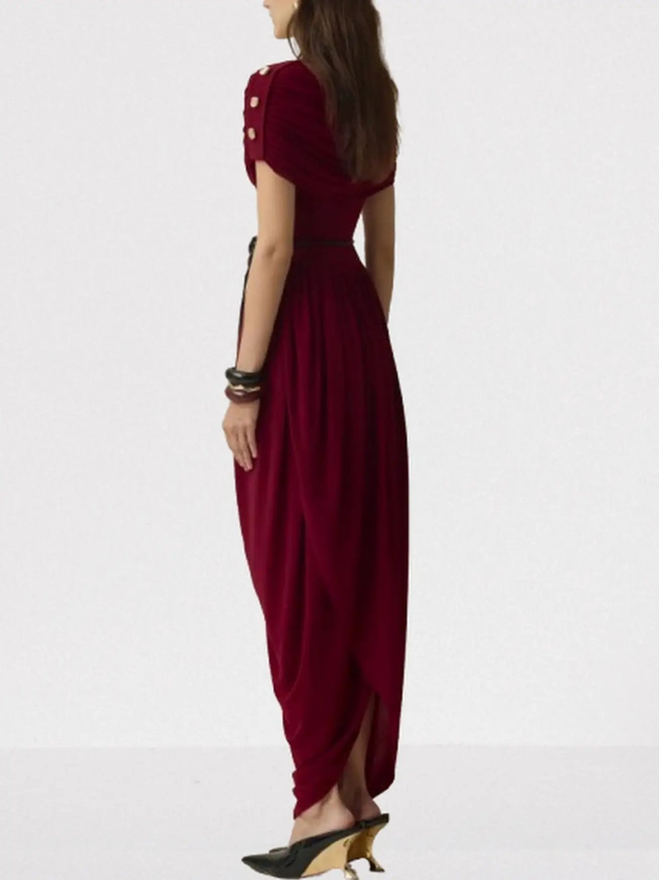 Draped Maxi Dress with Gold Button Shoulders in Wine - Dresses