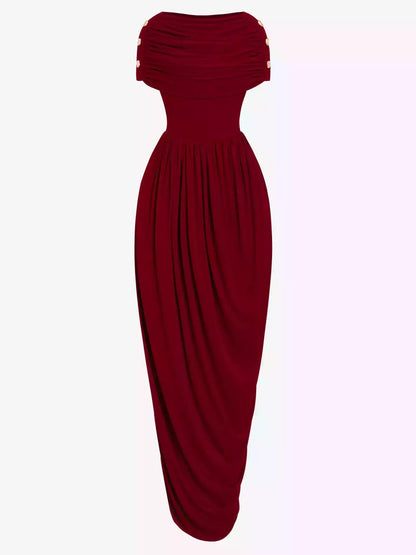 Draped Maxi Dress with Gold Button Shoulders in Wine - Dresses