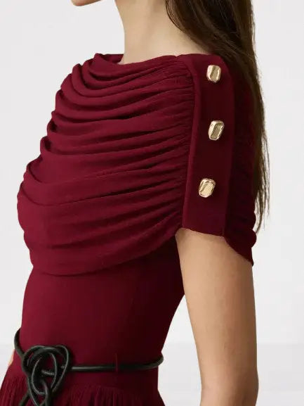 Draped Maxi Dress with Gold Button Shoulders in Wine - Dresses