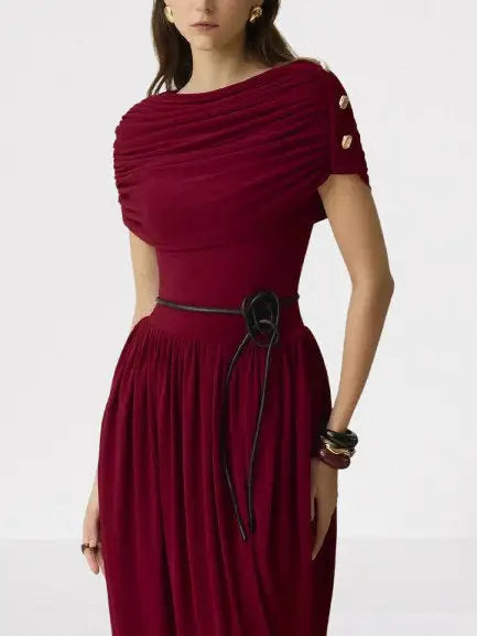 Draped Maxi Dress with Gold Button Shoulders in Wine - Dresses