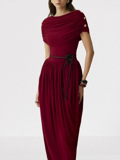 Draped Maxi Dress with Gold Button Shoulders in Wine - Dresses