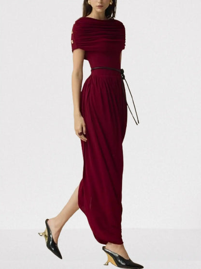 Draped Maxi Dress with Gold Button Shoulders in Wine - Dresses