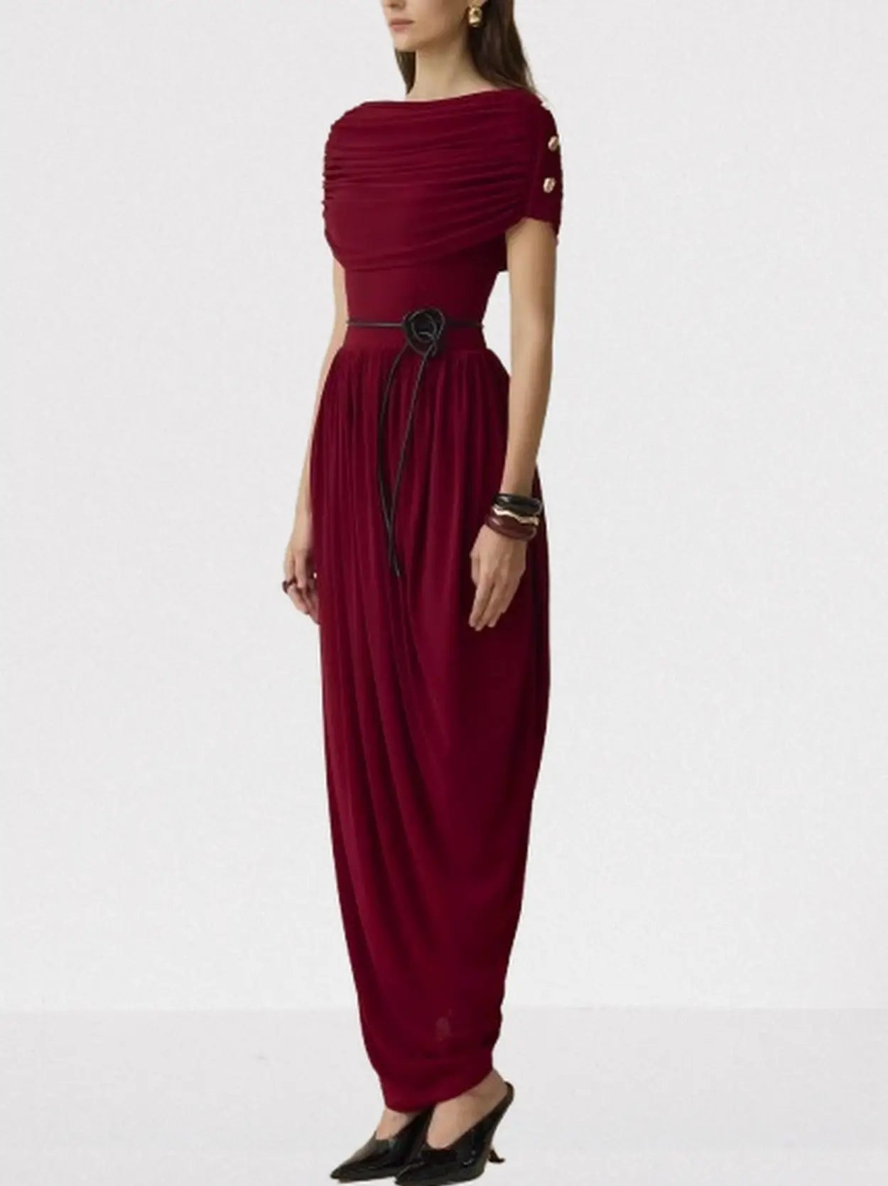 Draped Maxi Dress with Gold Button Shoulders in Wine - Dresses