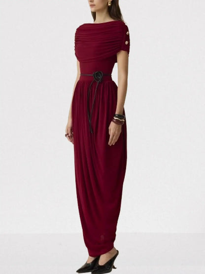 Draped Maxi Dress with Gold Button Shoulders in Wine - Dresses