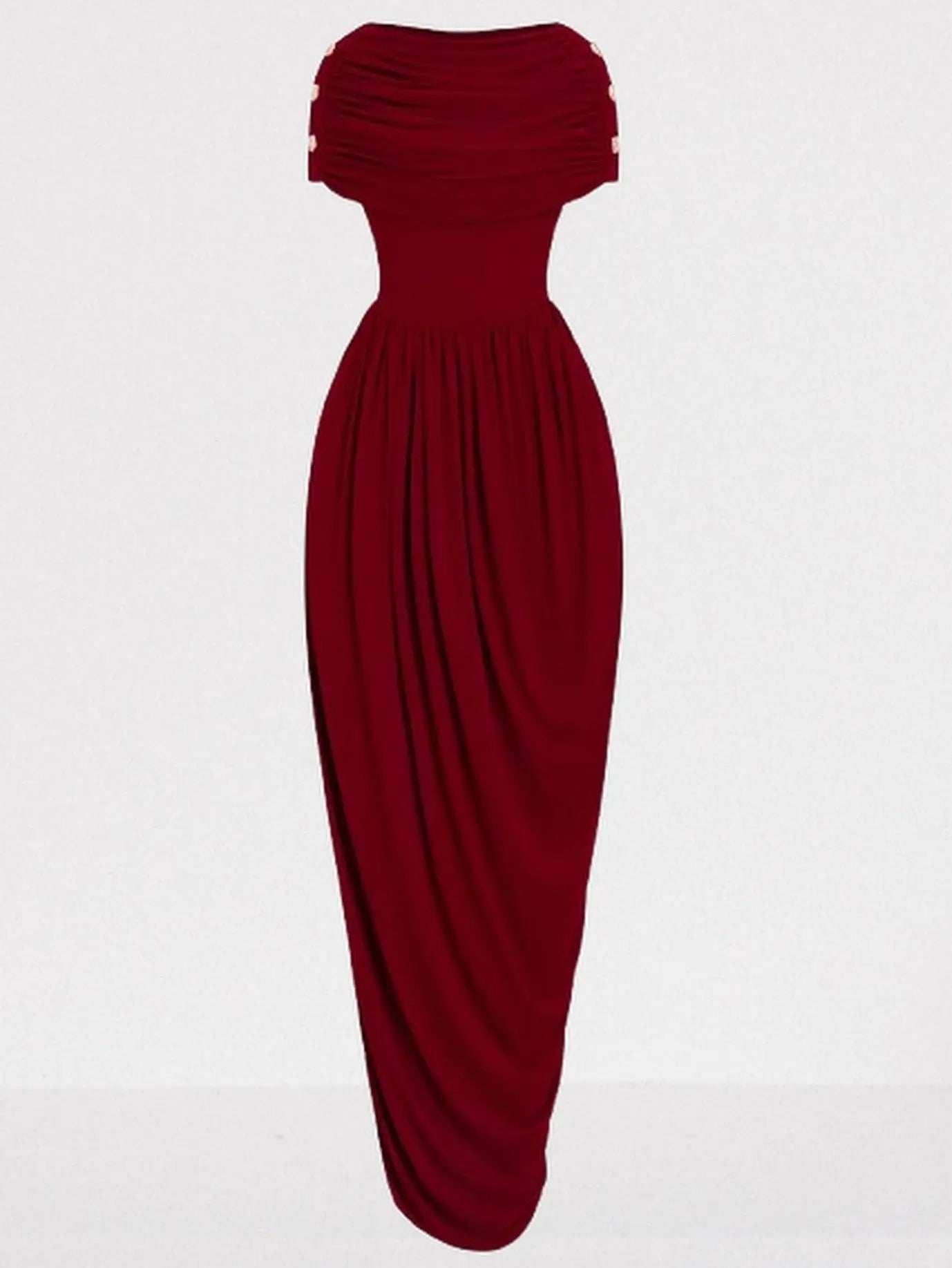 Draped Maxi Dress with Gold Button Shoulders in Wine - Dresses