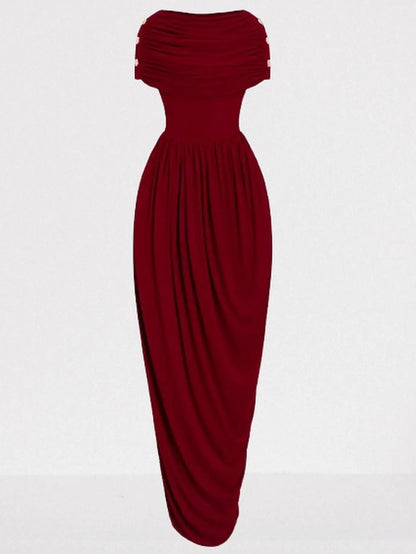 Draped Maxi Dress with Gold Button Shoulders in Wine - Dresses