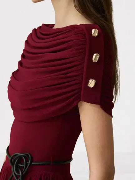 Draped Maxi Dress with Gold Button Shoulders in Wine - Dresses