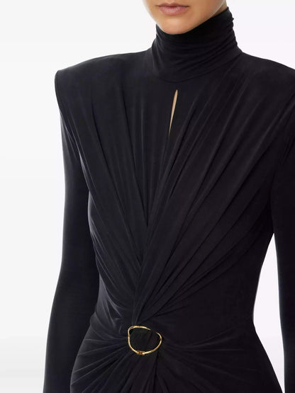 Draped Maxi Gown with Gold Ring Detail - Dresses