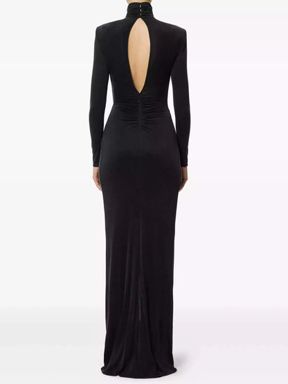 Draped Maxi Gown with Gold Ring Detail - Dresses