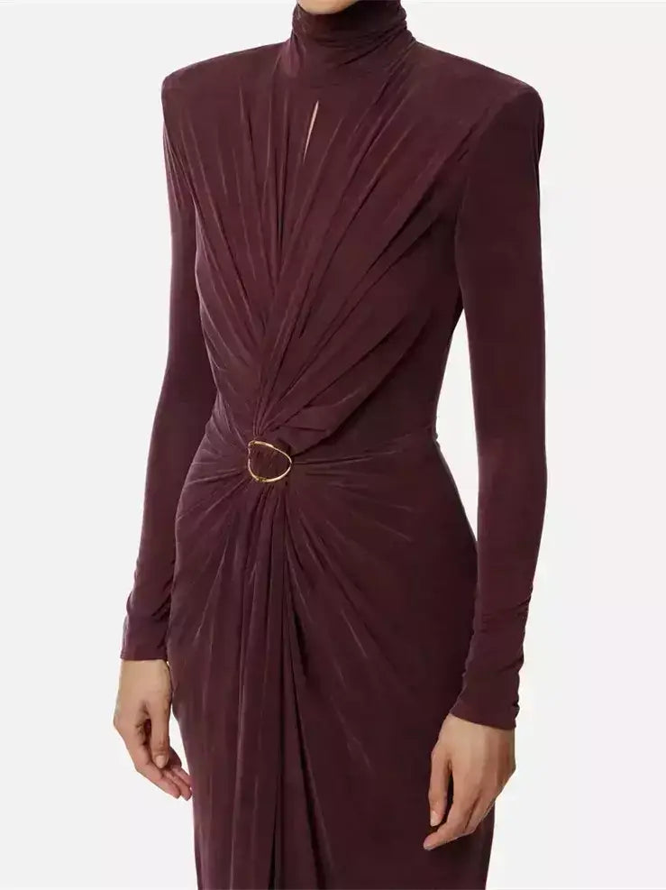 Draped Maxi Gown with Gold Ring Detail - Dresses