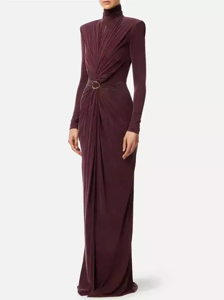 Draped Maxi Gown with Gold Ring Detail - Dresses