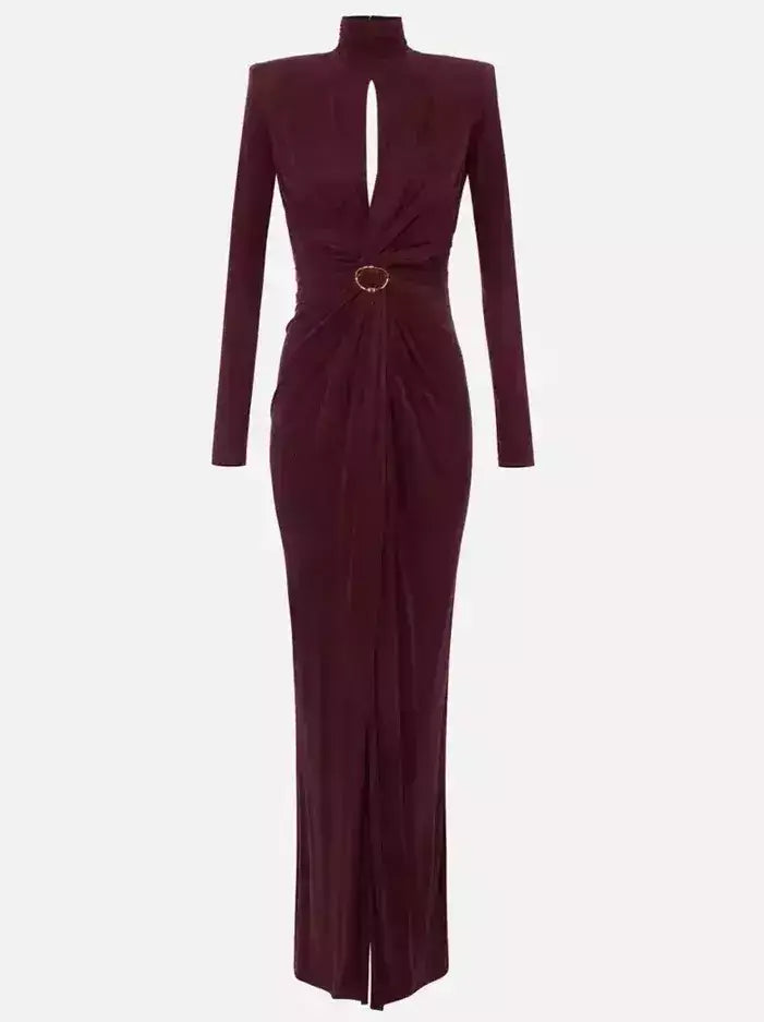 Draped Maxi Gown with Gold Ring Detail - XS / Burgundy - Dresses