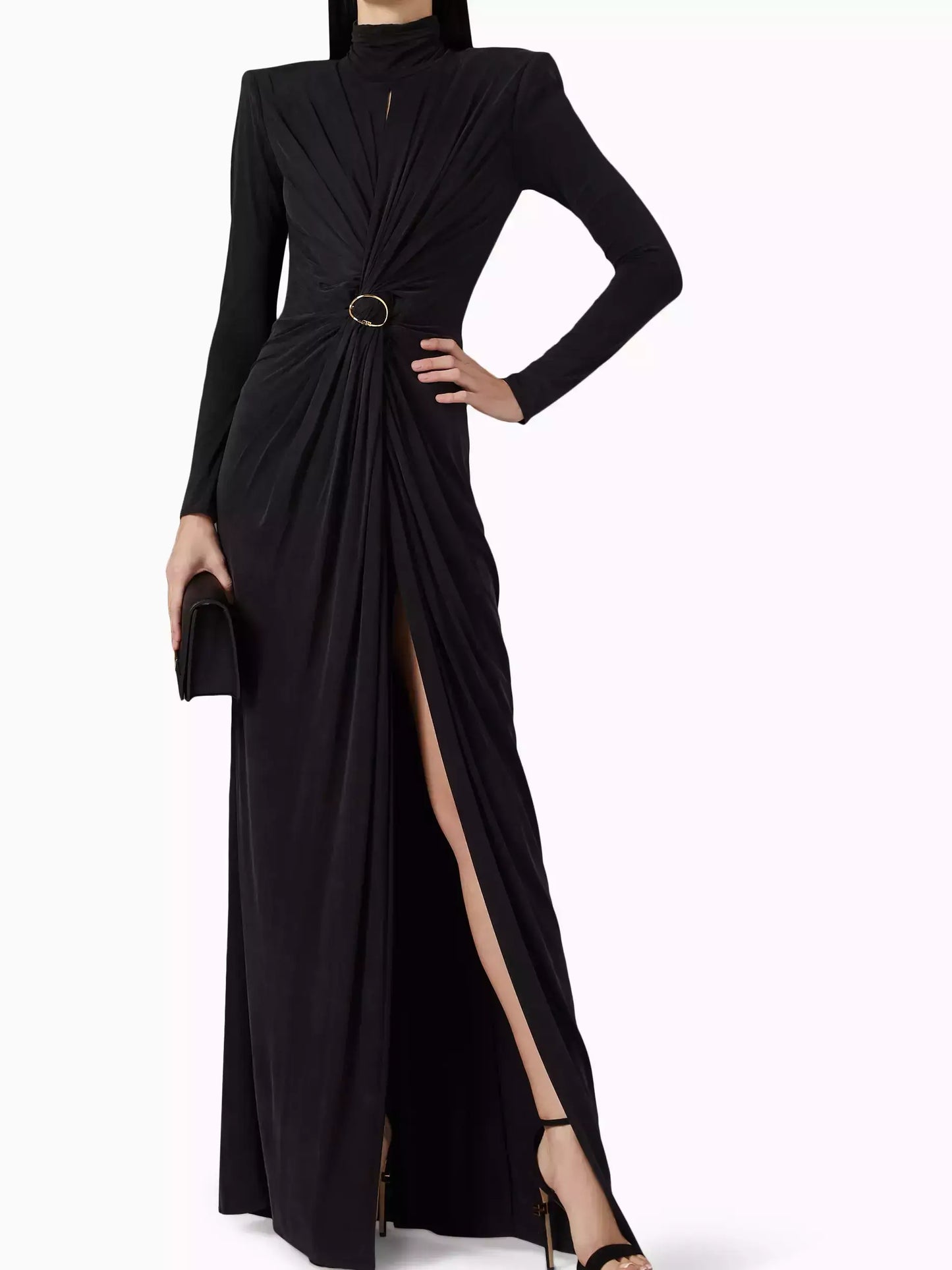 Draped Maxi Gown with Gold Ring Detail - Dresses